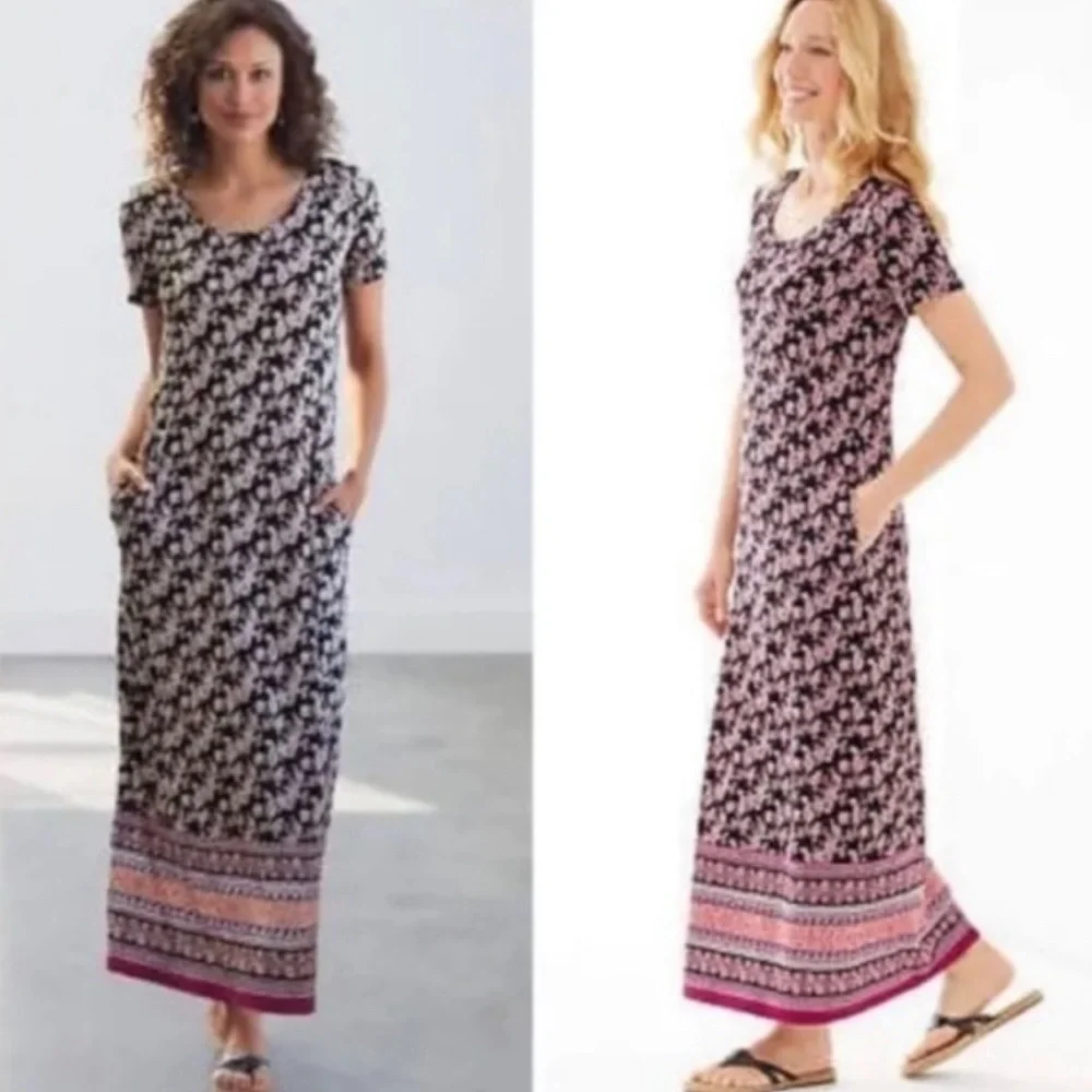 J. Jill Paisley Maxi Dress Pockets Scoop Neck Black Red Purple Orange Large Tall - Picture 16 of 16